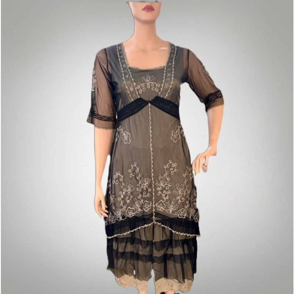 *SOLD* Nataya #2101 “Victorian Lux Lace” Titanic Tea Dress Size 1X Black & Taupe